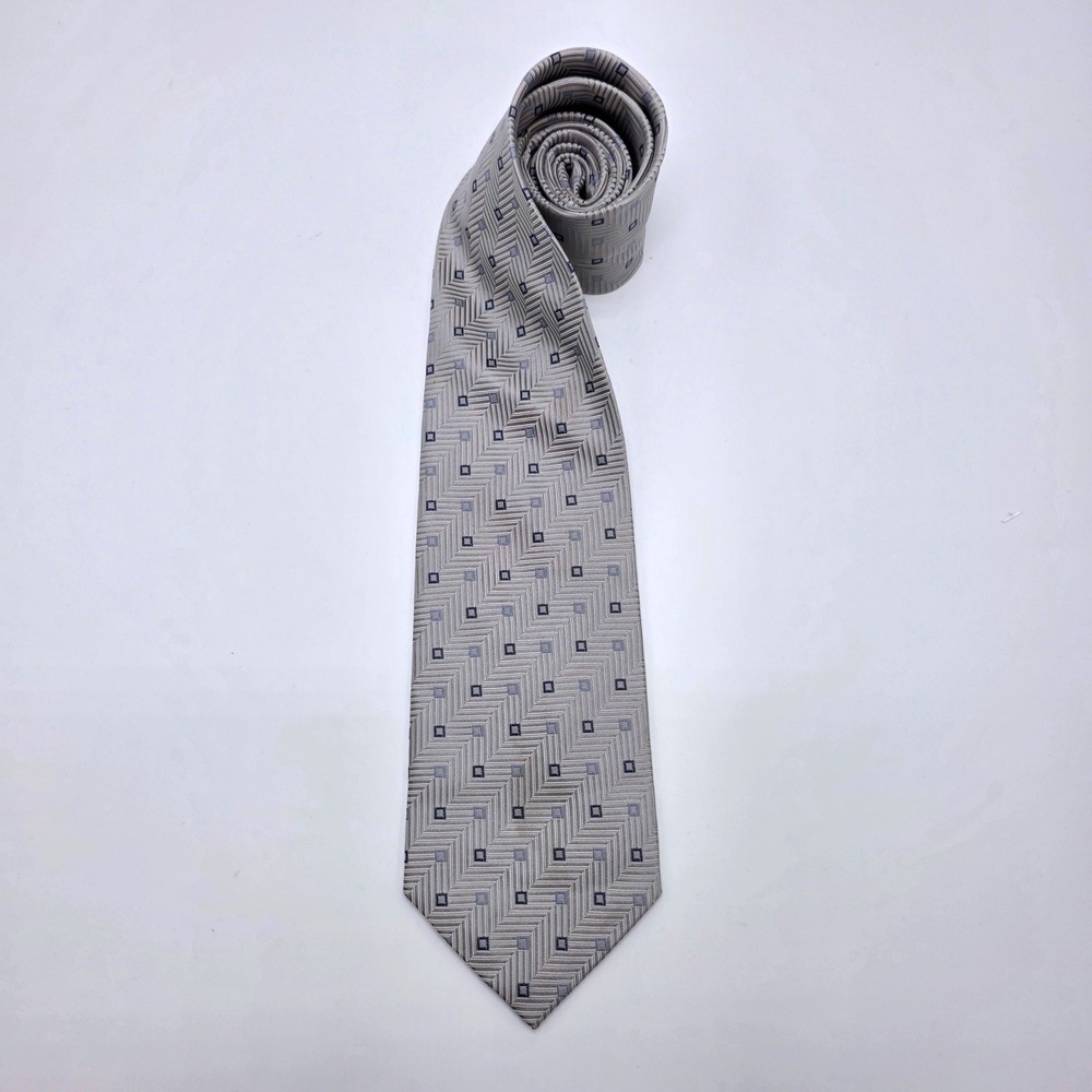 Alexandre London Savile Row Silk Tie Silver Grey Blue Geometric Herringbone
